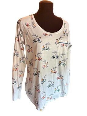 Love Hanna Bunny Bike Print White Cotton Top with Multicolor Bikes, size Small